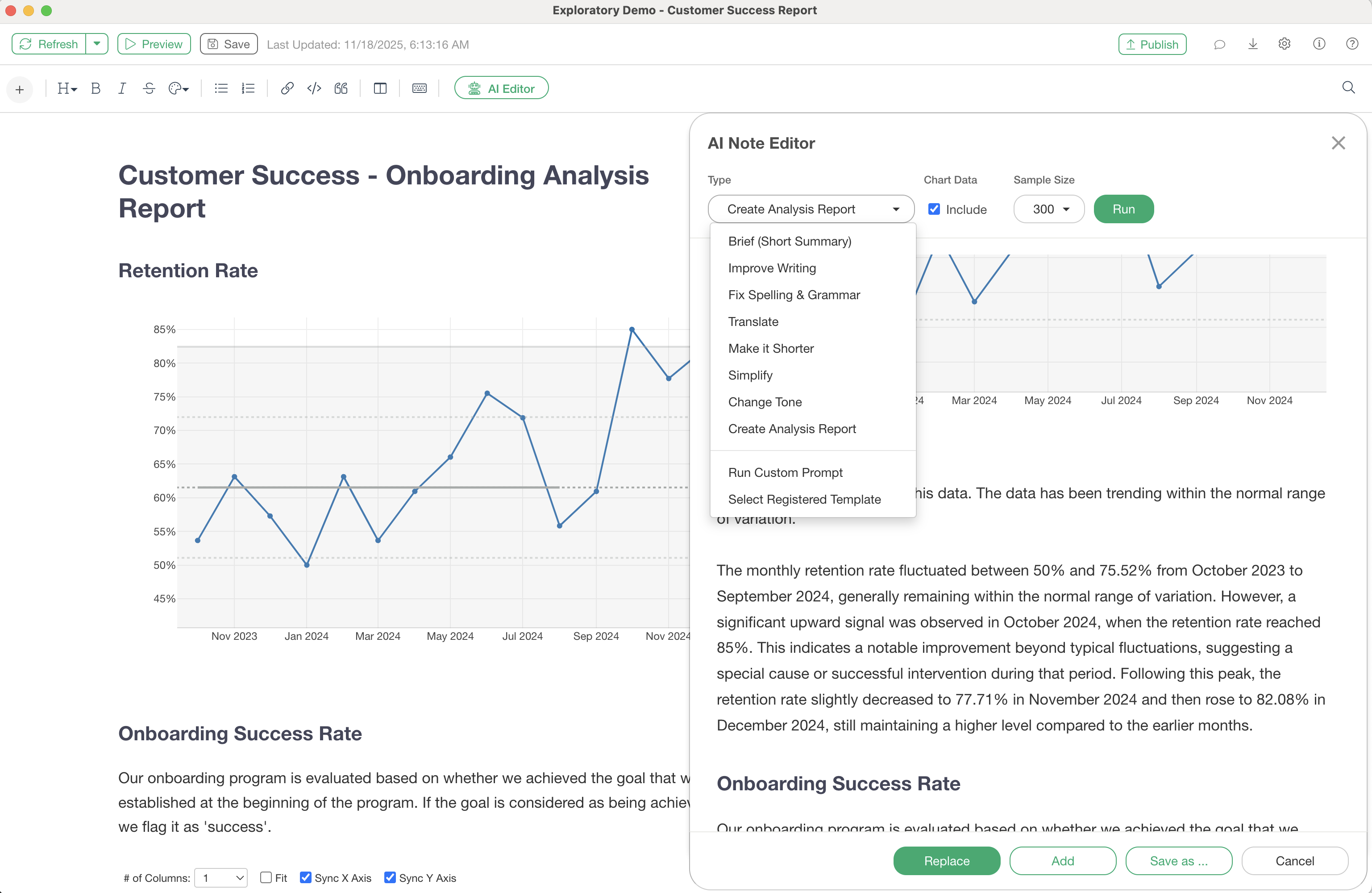 AI Note Editor drafting a report from the analysis